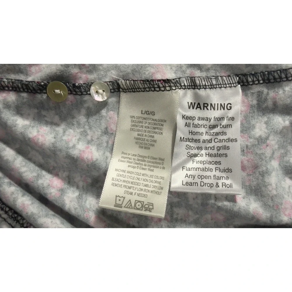 Eileen West Nightgown Womens Large Black Floral Long Sleeve Button‎ Lace Flannel
